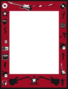 a black and red photo frame with various musical instruments on the bottom, along with a white square in the middle