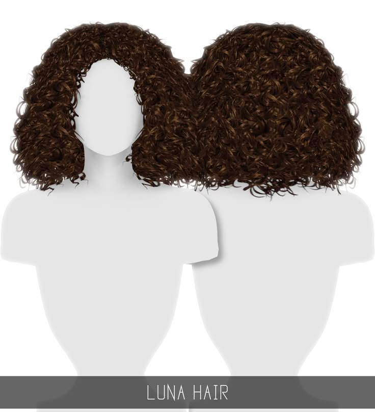 a white mannequin with brown curly hair on it's head and the words luna hair