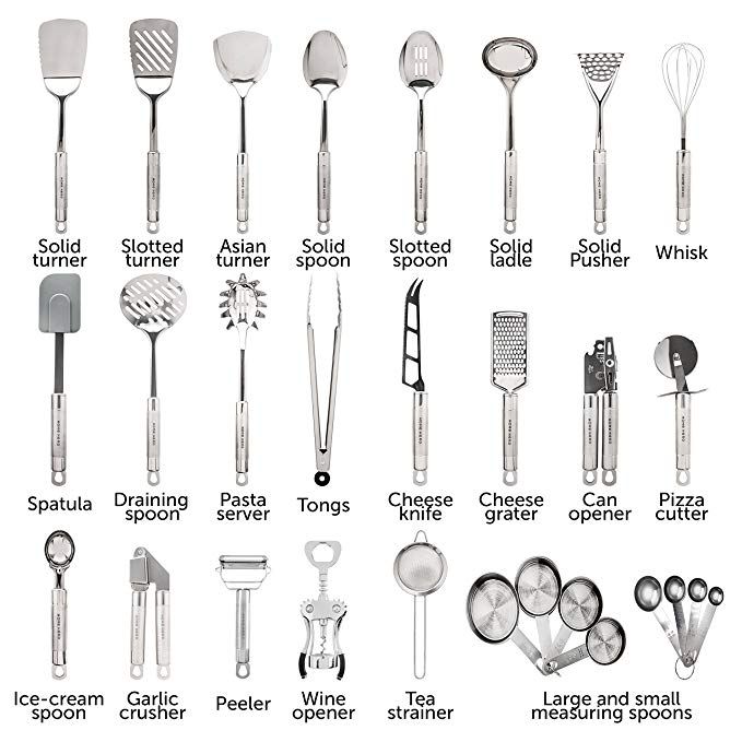 an image of kitchen utensils labeled in different styles and sizes on white background