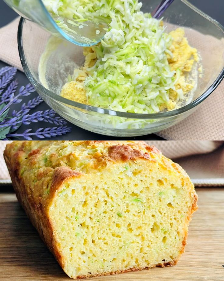 a loaf of zucchini bread next to a bowl of shredded cabbage