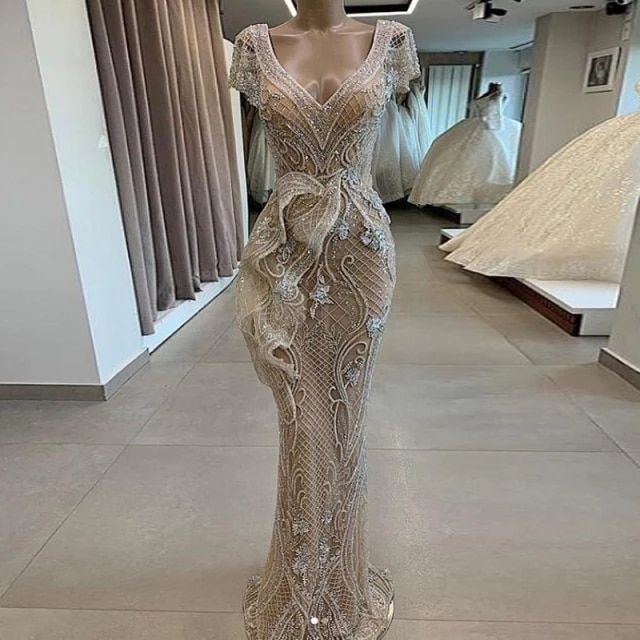 Champagne Prom Dress Mermaid, Champagne Prom Dresses, Cap Sleeve Prom Dress, Sweep Train Prom Dress, Stile Casual Chic, Champagne Prom Dress, Beaded Evening Gowns, Dresses V Neck, Cheap Evening Dresses