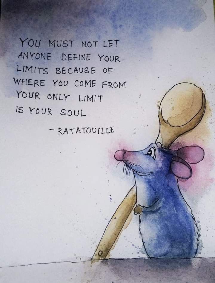 a drawing of a mouse with a quote about ratatoulie on it's back