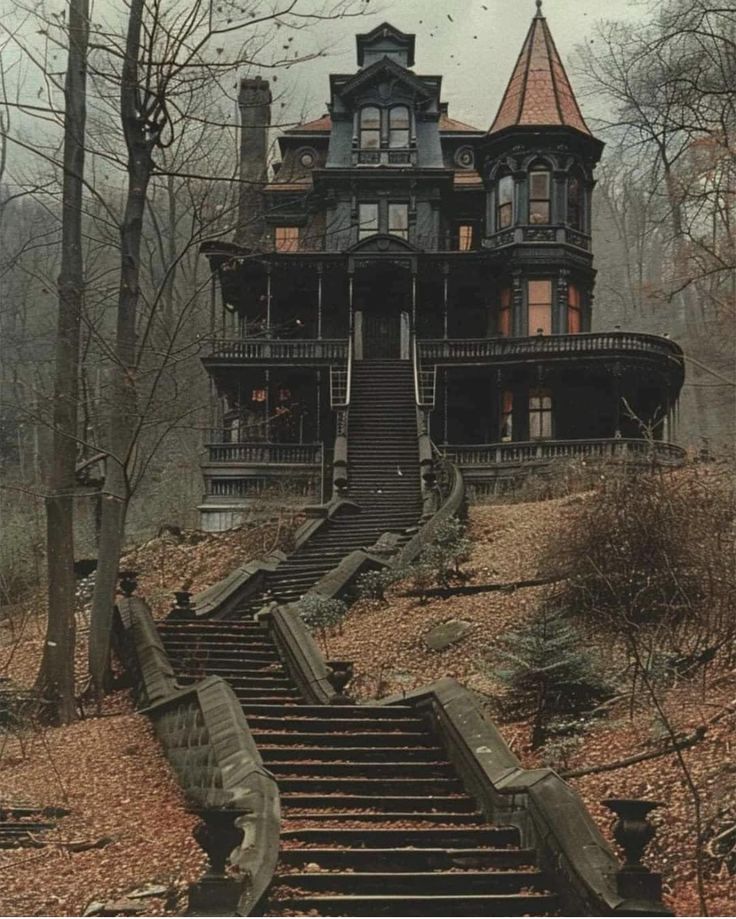 an old house in the woods with stairs leading up to it