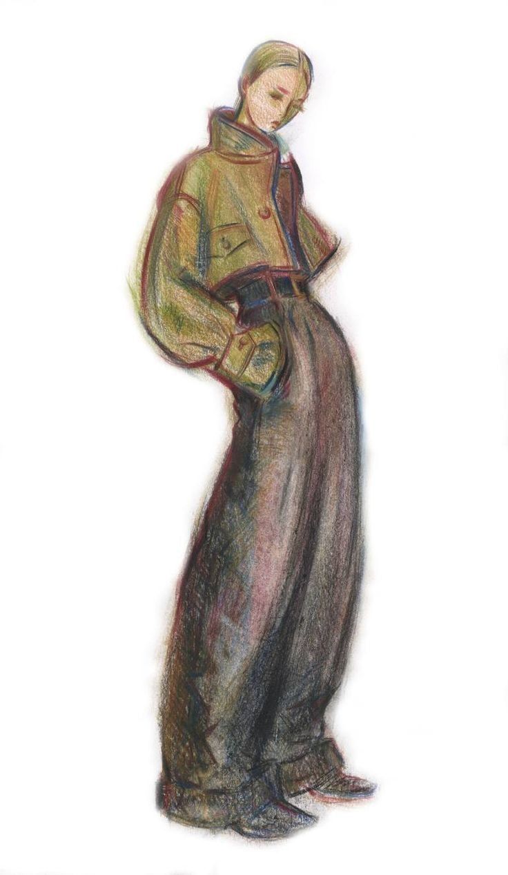 a drawing of a woman in a long skirt and jacket standing with her hands on her hips