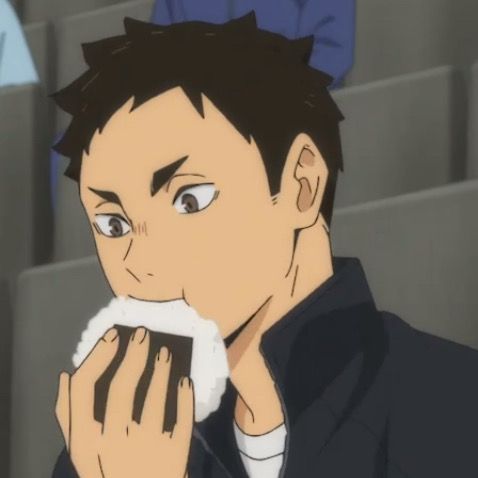 an anime character is eating something in front of his face and looking at the camera