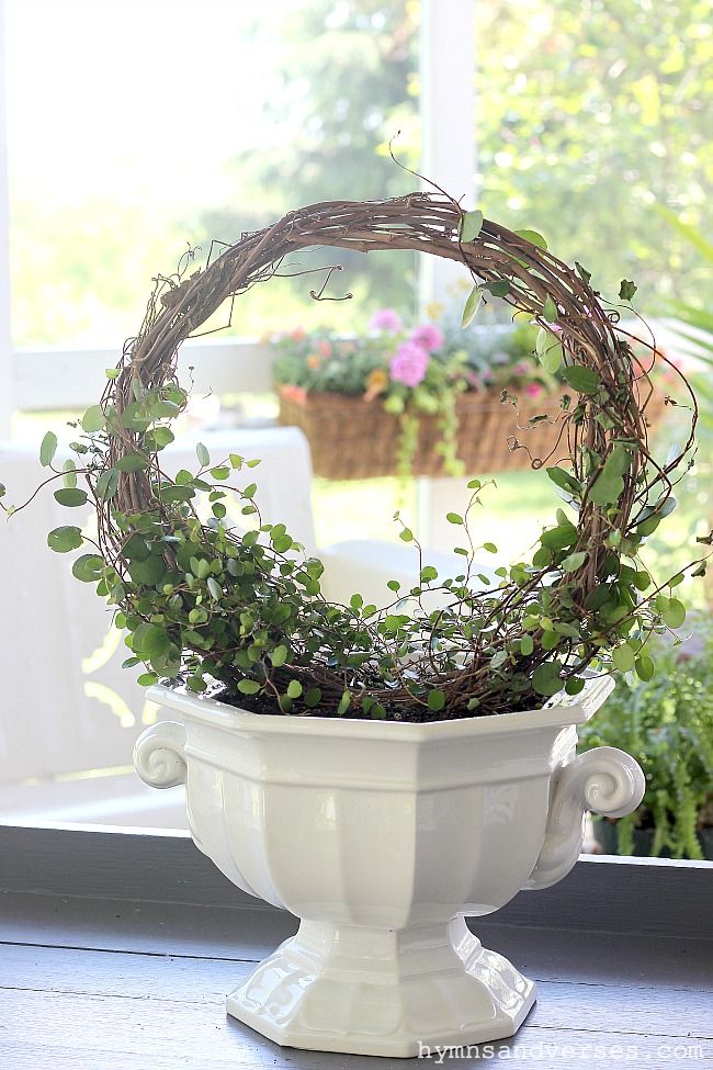 a white urn filled with plants on top of a window sill