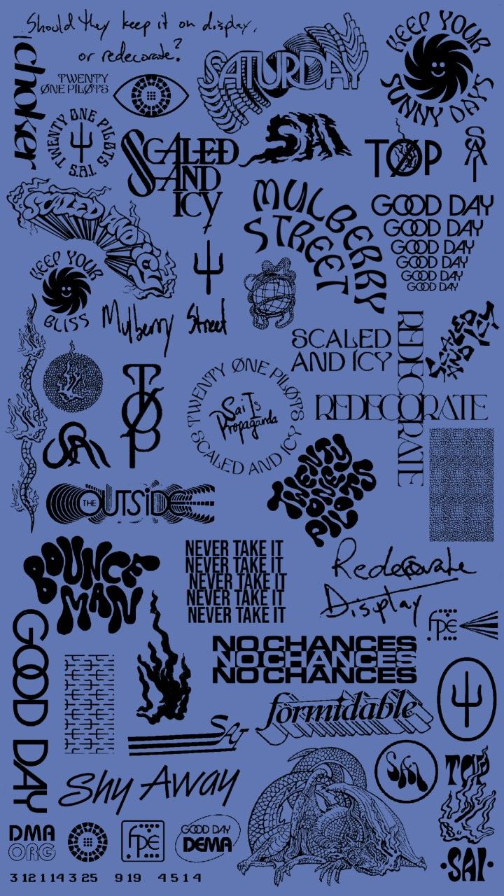 the back side of a blue poster with black and white lettering on it, all in different