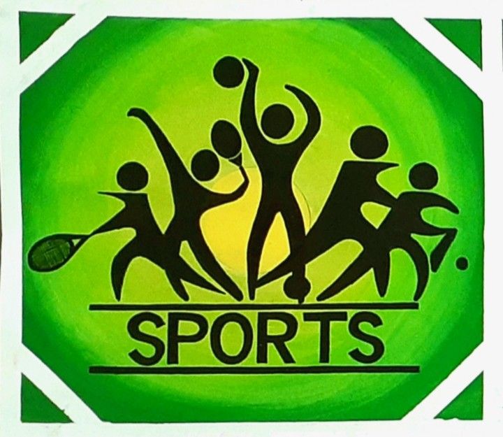 a green and white sign with people holding tennis racquets in the air