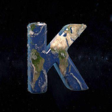 the letter k is made up of an image of the earth and it's surface