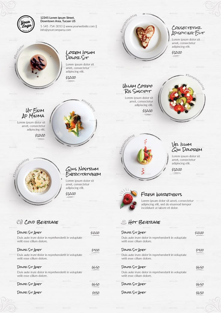 a menu with several different types of food on the plates and in front of it