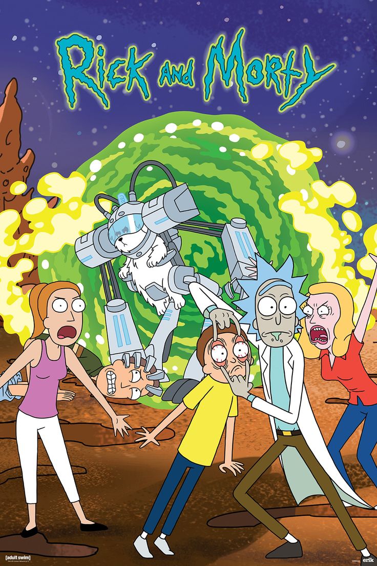 rick and mort poster with cartoon characters in front of an image of a green planet