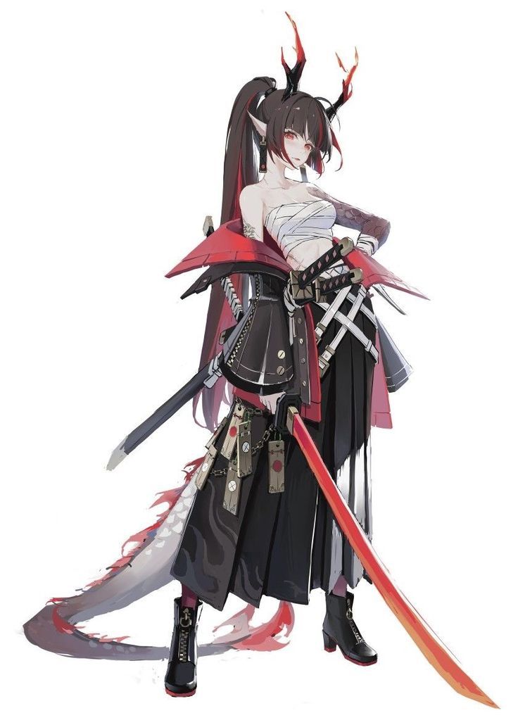 an anime character is holding two swords