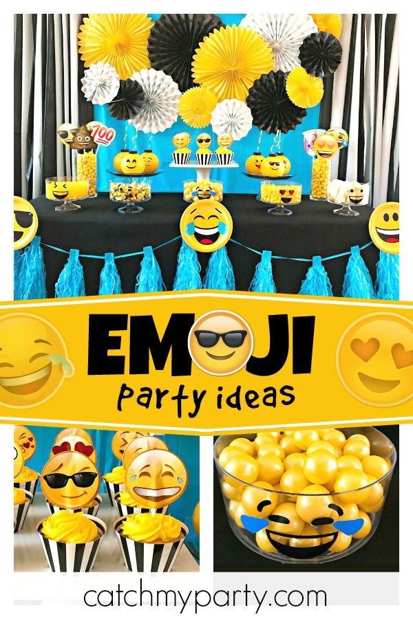 an emoj party with yellow and blue decorations