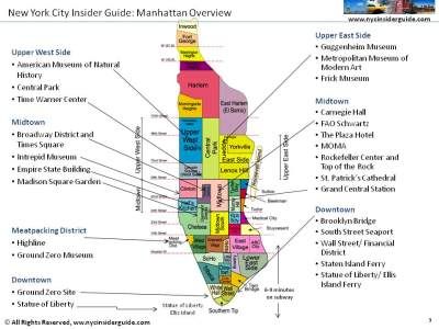 the new york city insider manhattan and attraction overview map is shown in red, blue, green, yellow, and orange