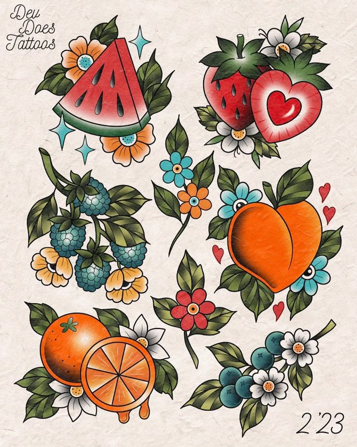 an image of fruit and flowers on paper