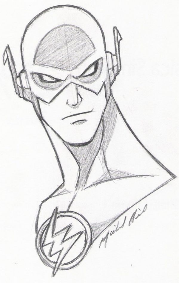 a drawing of the flash with headphones in his ears and an arrow on his chest