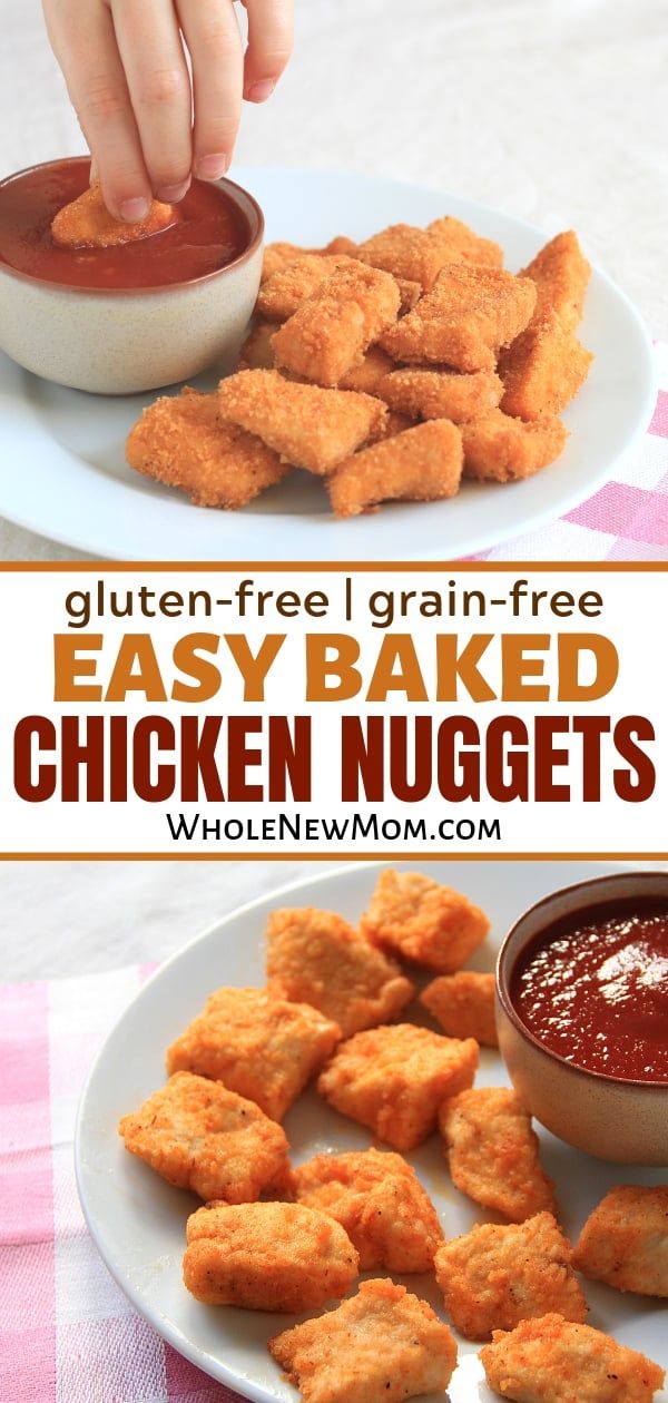 chicken nuggets on a white plate with dipping sauce in the middle and an easy recipe for gluten - free, grain - free