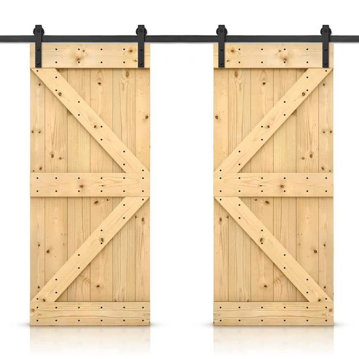 an open wooden door with black metal bars on the top and bottom, in front of a white background