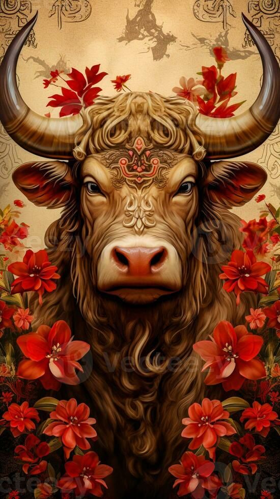 Chinese zodiac bull sign with red flowers generative AI Fire Ox Zodiac, Ox Chinese Zodiac, Ox Art, Zodiac Illustration, Capricorn Sun, Vector Animation, Aquarius Moon, Chinese Zodiac Signs, Pottery Techniques