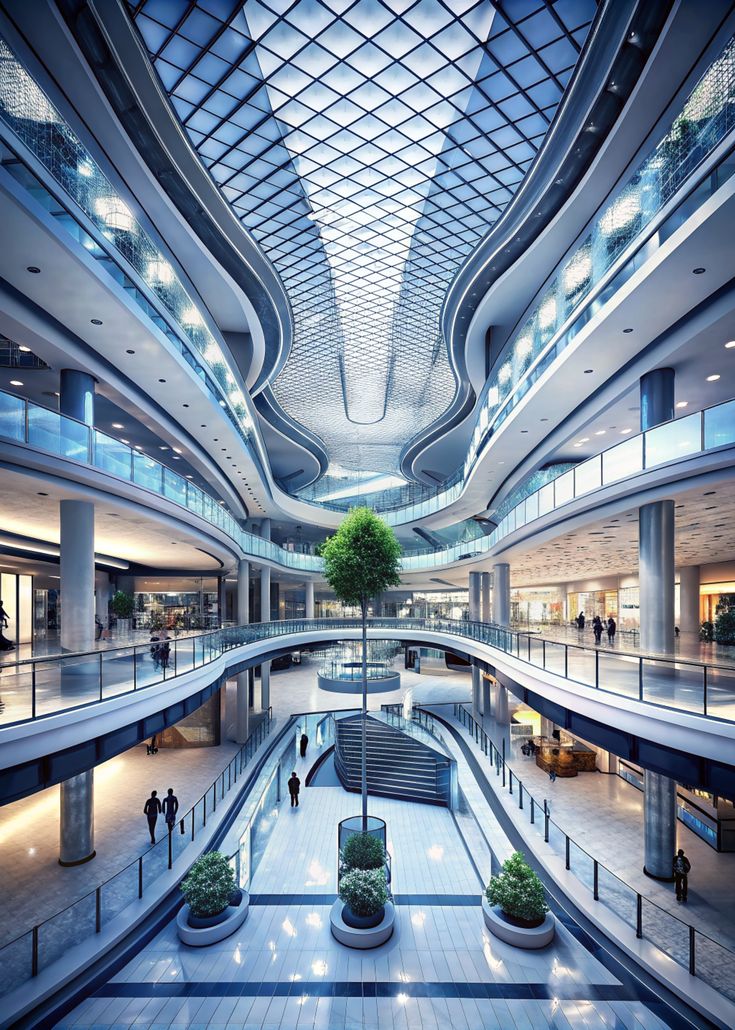 an empty shopping mall with people walking around the area and trees in the middle of the building