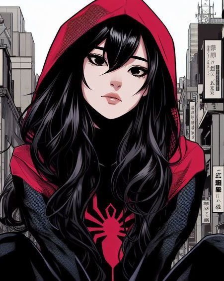 a woman with long black hair wearing a red hoodie and looking at the camera