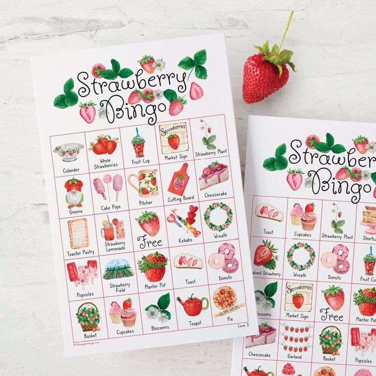 Strawberry Bingo - Printable Digital Download by Greengate Images Pin The Stem On The Strawberry, Strawberry Birthday Party Games, Berry Themed Food, Berry First Birthday Party Games, Berry Themed Bridal Shower Ideas, Strawberry Games, Strawberry Shortcake Theme Party, Strawberry Shortcake Summer, Strawberry Themed Party