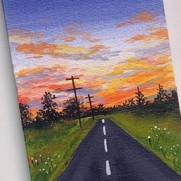 an oil painting of a road at sunset