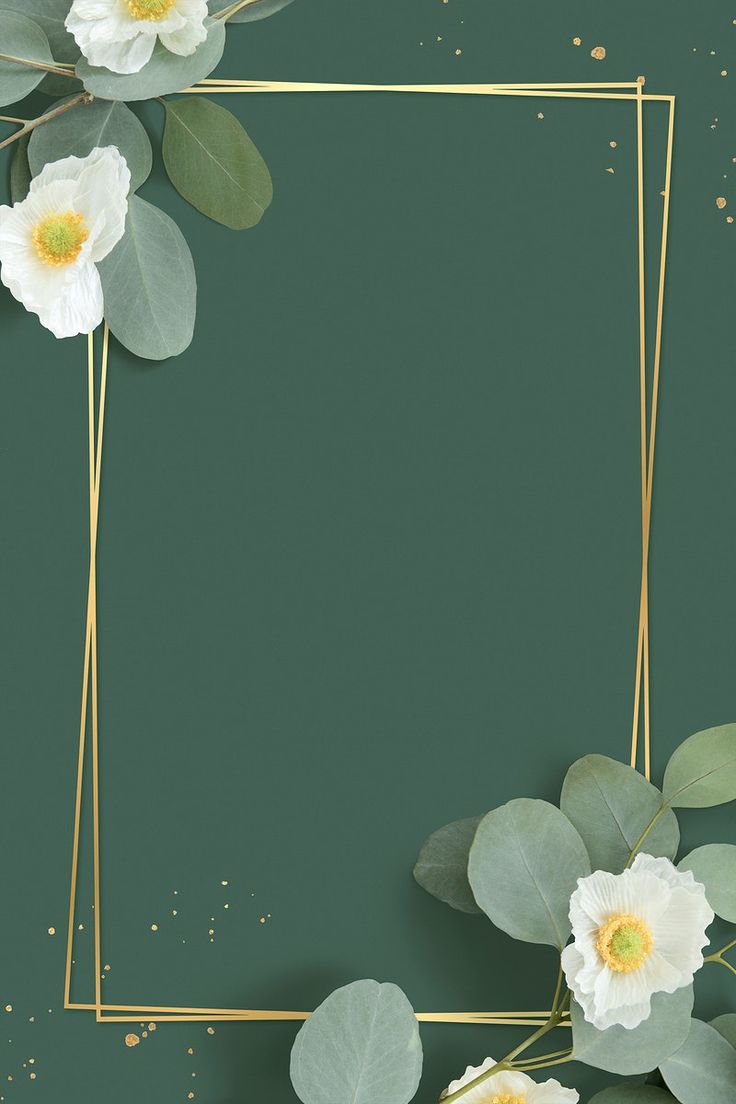 a gold frame with white flowers and green leaves on a dark green background for text