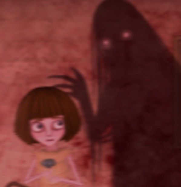 a girl standing in front of a shadow of a black cat on a red wall