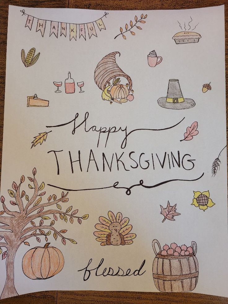 a hand drawn thanksgiving card with the words happy thanksgiving written in black ink on white paper