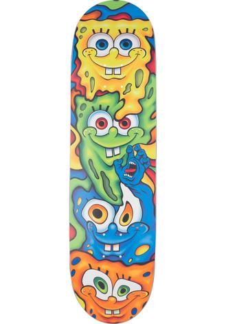 a skateboard with three monsters on it's bottom and one is blue, green, yellow, orange and red