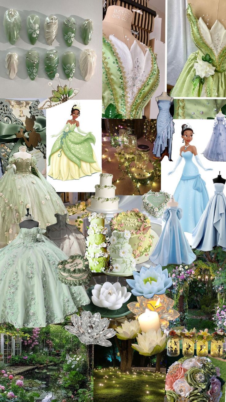 there is a collage of princess dresses and tiaras in different colors on display