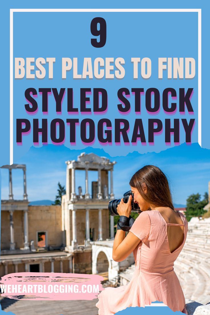 a woman taking pictures with her camera in front of an old building and the words 9 best places to find styled stock photography