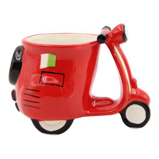 a red scooter shaped mug is shown on a white background