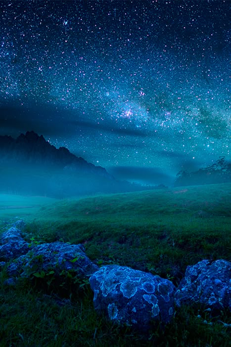 the night sky is filled with stars and bright green grass, as well as blue rocks