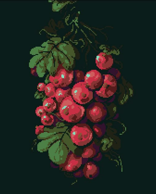 a cross stitch pattern of red berries and green leaves on a black background with text