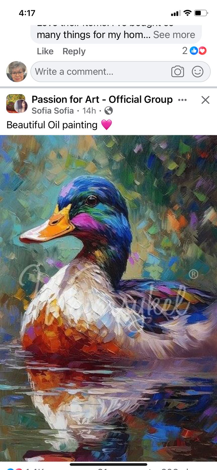 a painting of a duck in water with caption that reads, i may things for my mom see more like reply write a comment