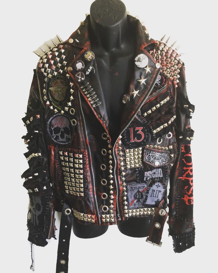 Rocker jackets from ChadCherryClothing! Spiked Leather Jacket, Vintage Motorcycle Jacket, Punk Leather Jacket, Vintage Biker Jacket, Jacket Patches, Custom Leather Jackets, Patch Jacket, Studded Leather Jacket, Jackets Vintage