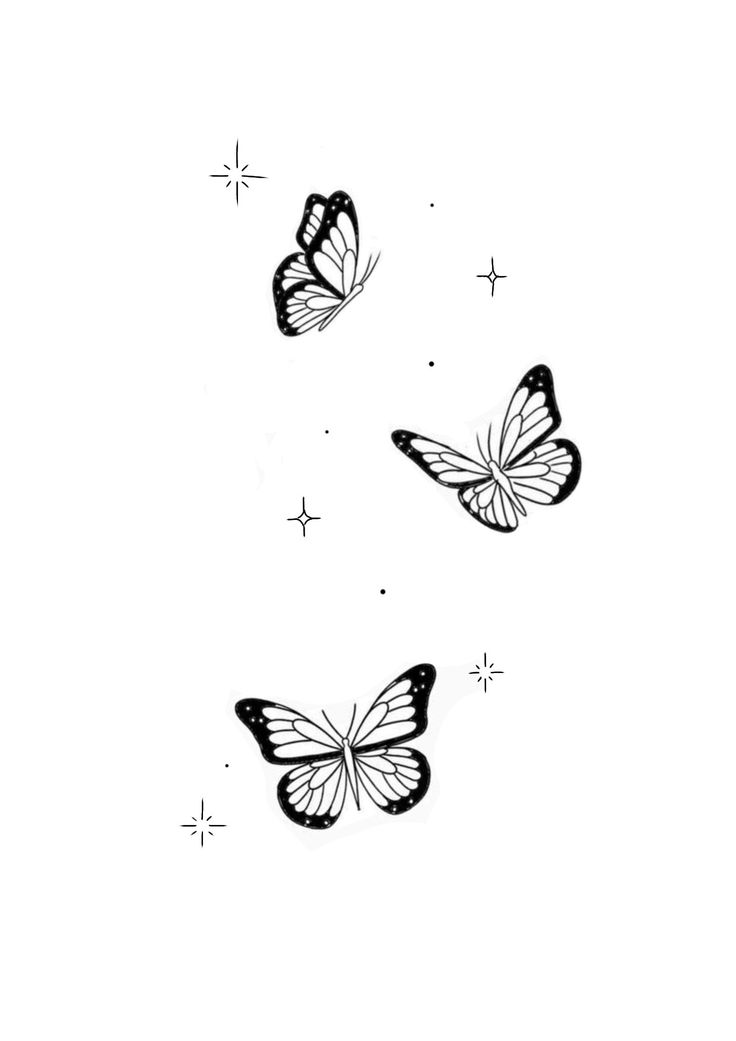 three black and white butterflies flying in the air with stars around them on a white background