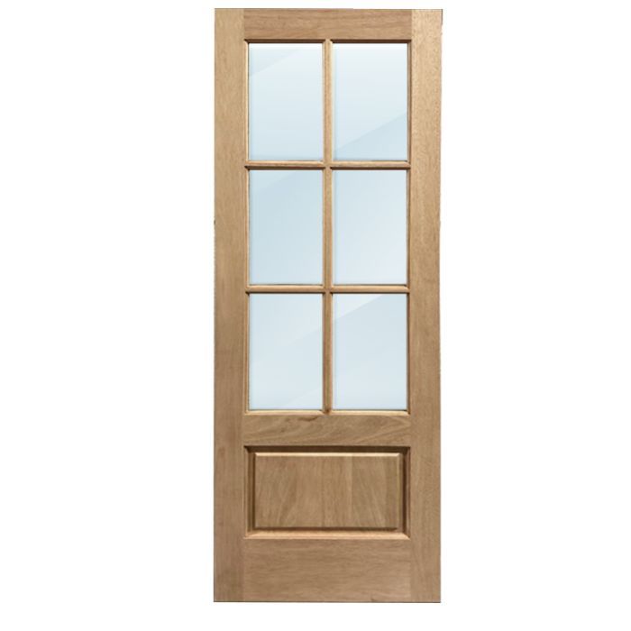 a wooden door with glass panels on the front and side panel, against a white background