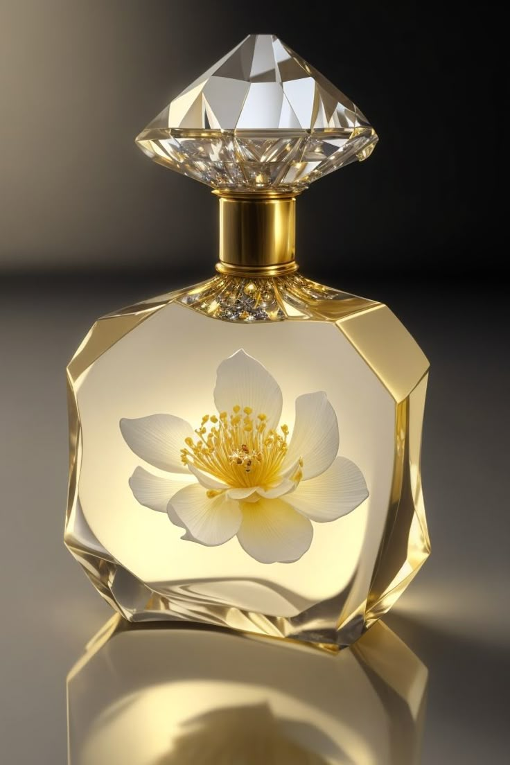 a white and yellow flower in a glass bottle on a reflective surface with a diamond