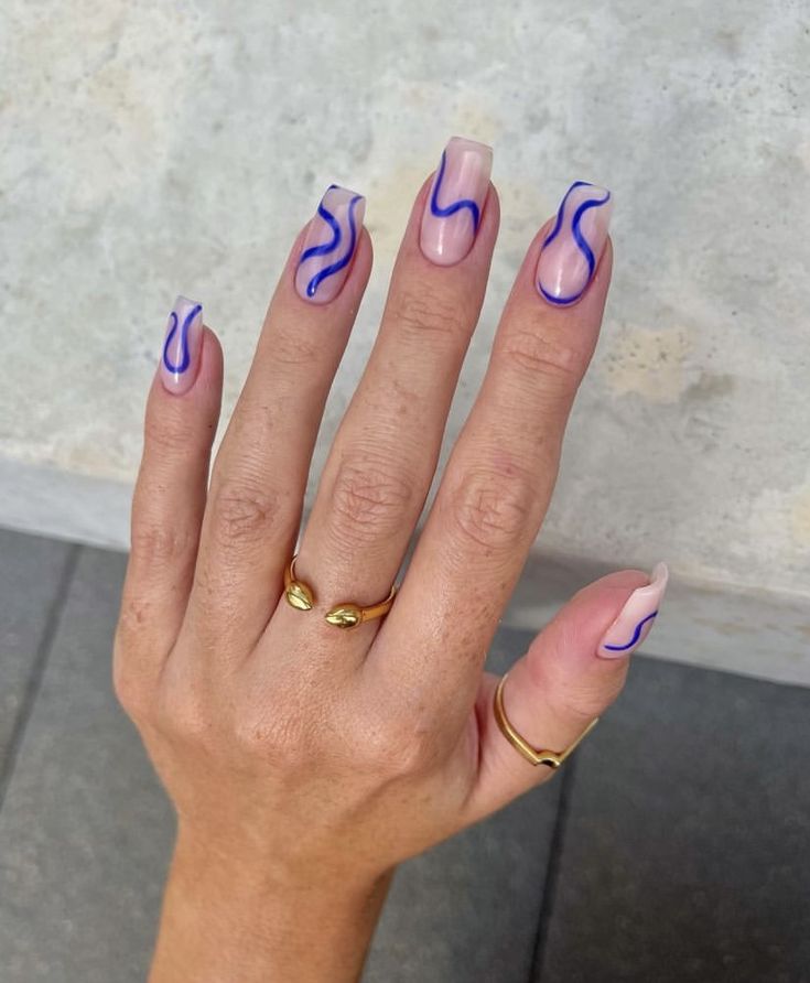 Pastel Line Nails, Blue Nails Jelly, Asymmetrical Nails, Nails Summer Blue, Funky Summer Nails, Simple Nails Gel, Summer Blue Nails, Nails July, Nails August