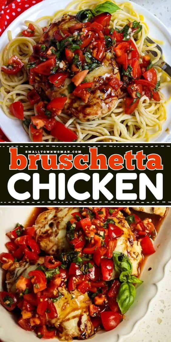 two pictures with different types of food on them and the words bruschetta chicken