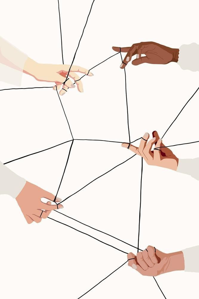 four hands reaching for each other to reach the same string in order to connect them