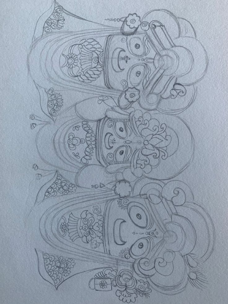 a pencil drawing of three people with flowers on their heads