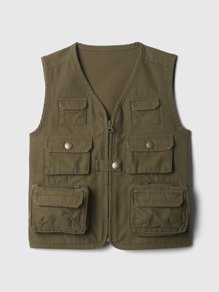 Soft cotton utility vest.  V-neck, zip front.  Sleeveless.  Allover utility pockets, snap and zip closure details.  This product was made in a factory that invests in gender equality and women’s empowerment.  Through RISE Reimagining Industry to Support Equality) and Gap Inc. ’s program P. A. C. E.  Personal Advancement & Career Enhancement), we support people who make our clothes to build the skills, knowledge, confidence, and resilience needed to advance in work and life.  Learn more here.  St Toddler Green Vest, Pattern Reference, Olive Vest, Vest Sewing Pattern, Utility Vest, Safety Vest, Vest Designs, Utility Pockets, Brand Collaboration