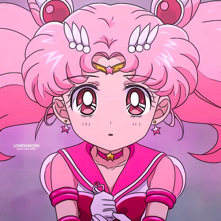 an anime character with pink hair and big eyes wearing white gloves, holding her hands on her chest