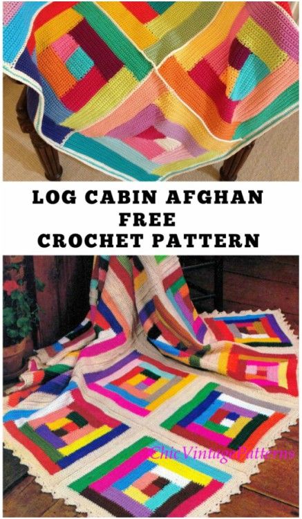 the log cabin afghan crochet pattern is shown in two different colors and sizes