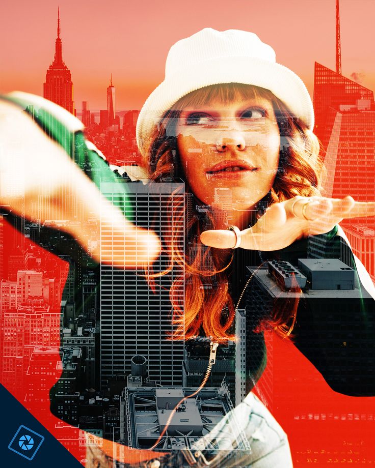 a woman with headphones on in front of a cityscape and skyscrapers