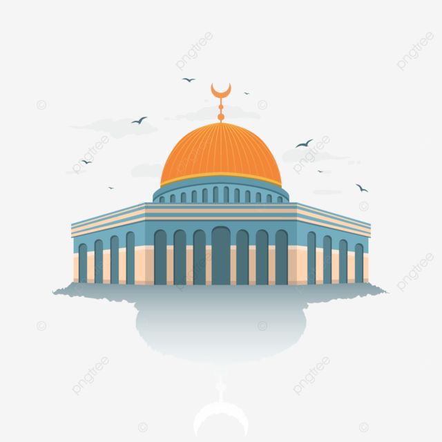 an illustration of a mosque with a dome on top and birds flying in the background